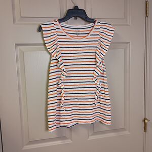 J. Crew Linen Tank Top Blouse Size Medium Ruffle White Orange Blue Stripe